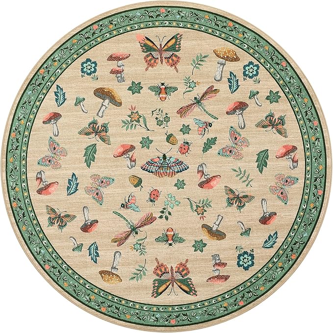 Mushroom Insect 7ft Round Rug Washable Non-Slip Soft Ultra-Thin Large Boho Circle Carpet for Entryway Kitchen Bedroom Nursery Dining Room Khaki Green