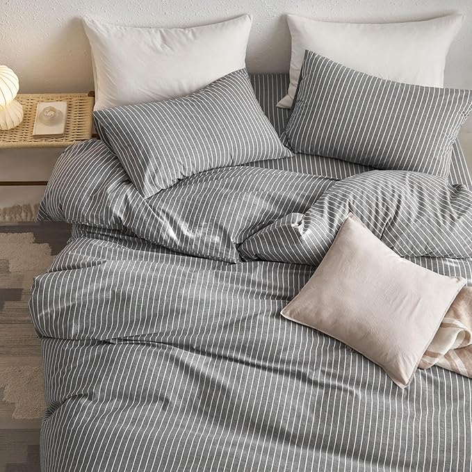 MooMee Striped Duvet Cover Set 100% Washed Cotton Linen Like Textured Breathable Durable Soft Comfy (Dark Grey White Wide Stripes, Cal King 104"x98")