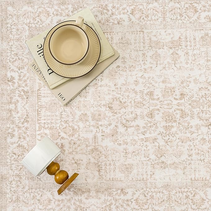 Beige Area Rug 6x9 Machine Washable Vintage Living Room Distressed Non Slip Carpet Traditional Indoor Bedroom Retro Floral Accent Throw Large Rug for Office Kitchen Dining Room