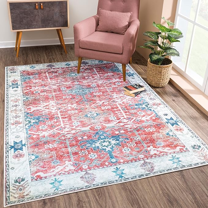 Bloom Rugs Washable Non-Slip 9' x 12' Rug - Red/Blue Traditional Area Rug for Living Room, Bedroom, Dining Room, and Kitchen - Exact Size: 9' x 12'