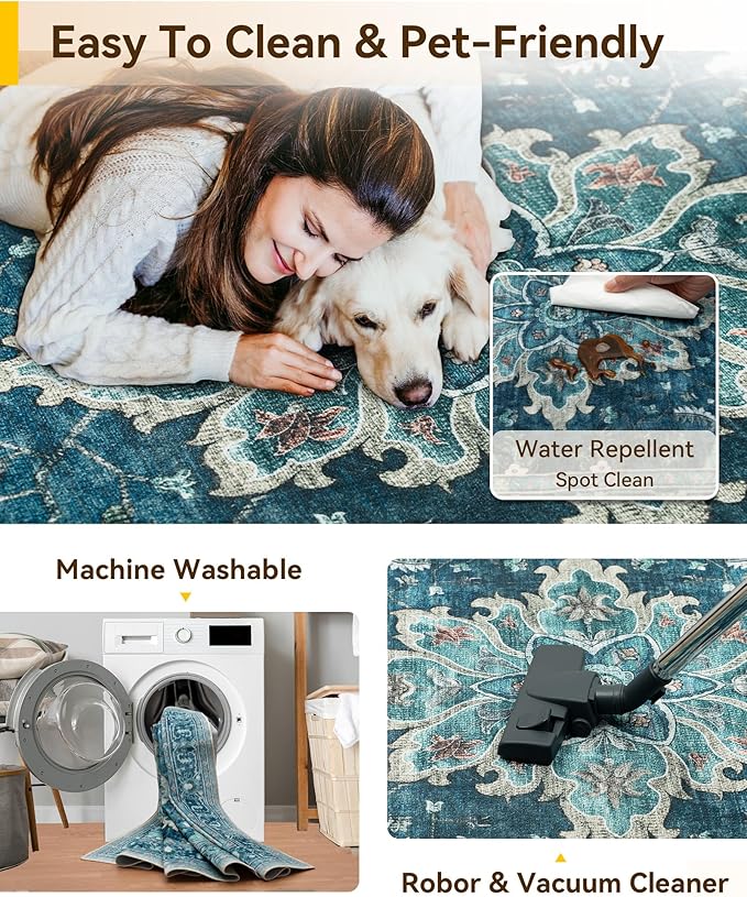 Area Rugs 2'x4' Washable Non-Slip, Floral Vintage Distress Print Pattern Medallion Carpet for Living Room Bedroom Dining Room, Teal Green Lake Blue Turquoise