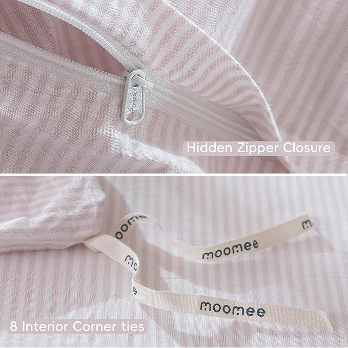 MooMee Striped Duvet Cover Set 100% Washed Cotton Linen Like Textured Breathable Durable Soft Comfy (Heathered Greyish Pink Pinstripes, Oversized Full 82"x86")