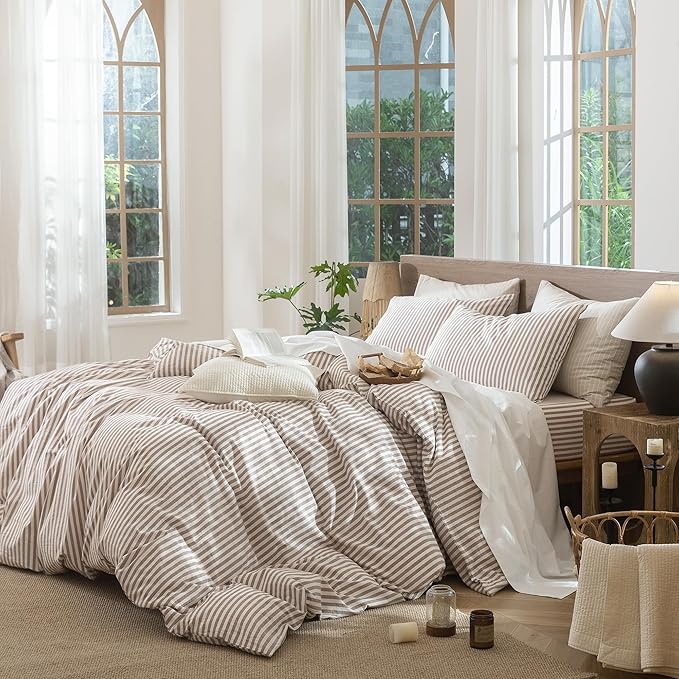 MooMee Striped Duvet Cover Set 100% Washed Cotton Linen Like Textured Breathable Durable Soft Comfy (Orange Classic Stripes, Super Queen 90"x98")