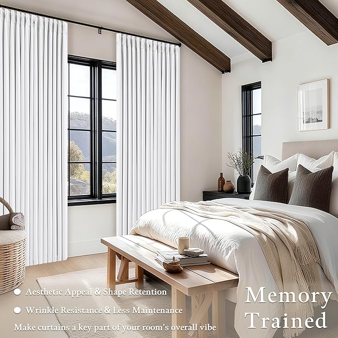 Pure White 96 Inch Blackout Pinch Pleated Curtains 2 Panel Set for Living Room Darkening Thick Linen Textured 100% Black Out Drapes 96 Inches Long Pinch Pleat Light Blocking Bedroom Soft Snow White