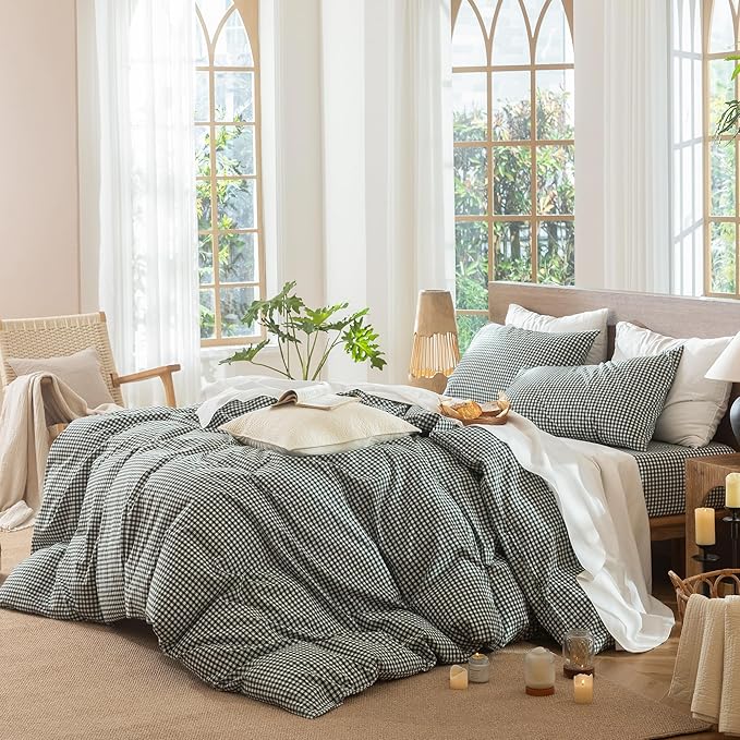 MooMee Gingham Duvet Cover Set 100% Washed Cotton Linen Like Textured Breathable Durable Soft Comfy Modern Checkered Design (Mini Gingham Forest Green, Oversized Full 82"x86")
