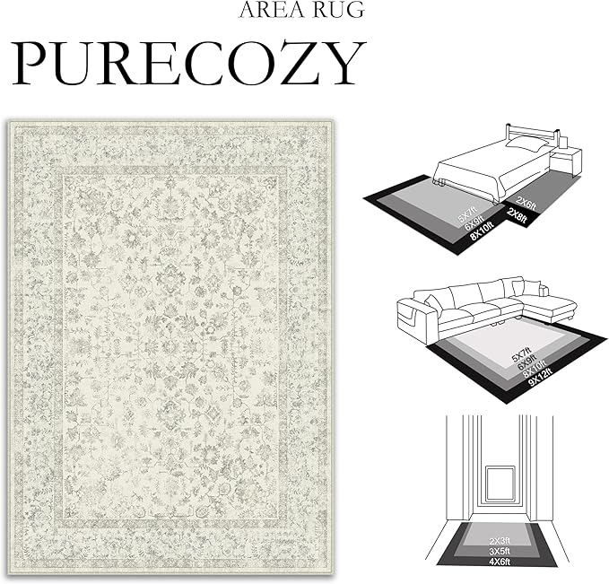 5x7 Grey Area Rug Non Slip Vintage Living Room Distressed Machine Washable Carpet Traditional Indoor Bedroom Grey Retro Floral Accent Throw Rug for Office Kitchen Dorm Dining Room