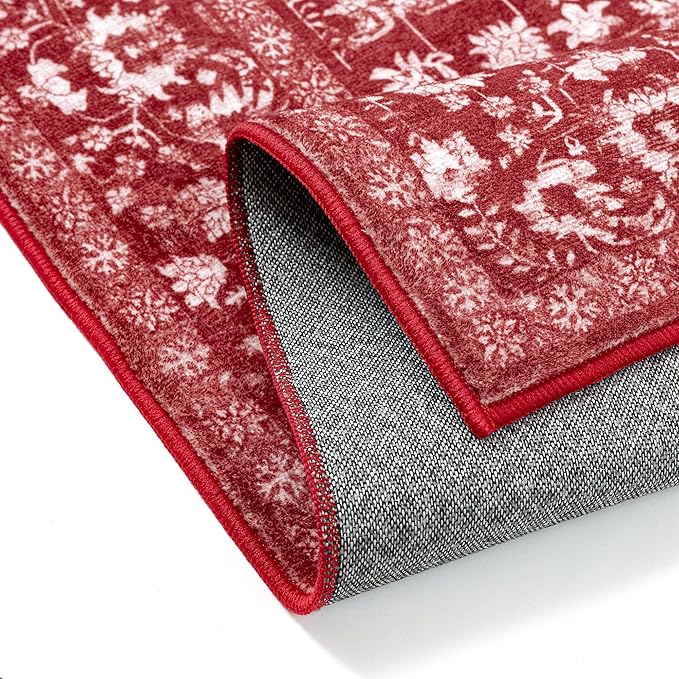 Christmas Area Rug 5x7 Red Washable Living Room Carpet Retro Distressed Floral Holiday Decor Rug Non Slip Soft Decorative Xmas Doormat for Bedroom Office Dining Room Bathroom Kitchen