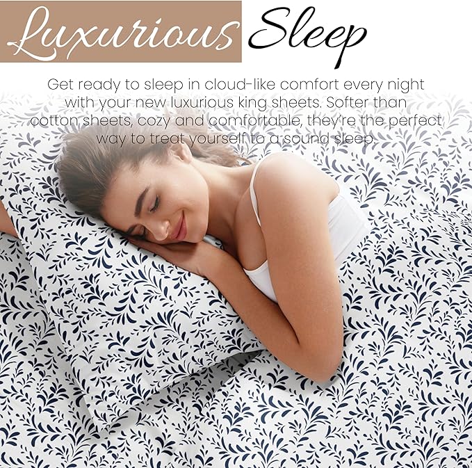 Linen Market 4 Piece King Sheet Set - Breathable, Double-Brushed Patterned Cooling Sheets – Oeko-TEX Certified Ultra Soft & Wrinkle-Free 16" Deep-Pocket King Sheets - Easy Care Burst of Vines Navy