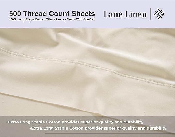 LANE LINEN 100% Cotton Full Size Sheets Set 600 Thread Count, Luxury Hotel Style Sateen Weave for Silky Soft Finish, Machine wash Bedding Sheets & Pillowcase Set, Deep Pocket Full Sheets - Ivory