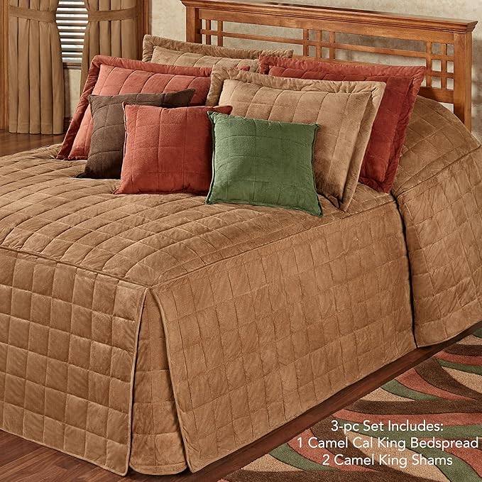 Touch of Class Camden Luxury Bedding | Neutral Camel Color | Grande Fitted Bedspread | Faux Suede Box Quilted Design | Designed 3 Piece Set Includes Cal King Bedspread and 2 King Shams
