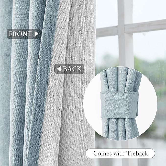 Macochico 100% Blackout Curtains Thermal Insulated Noise Reducing Chenille Curtains for Hotel Auditorium Bedroom Living Room Grommet Light Blue Curtains with Tieback Classic 52" Wx84 L 1 Panel