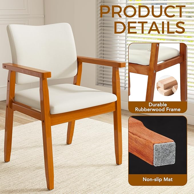 thksbought Set of 2 Mid Century Modern Walnut Dining Chairs Wood Arm Beige Fabric Kitchen Cafe Living Room Decor Furniture
