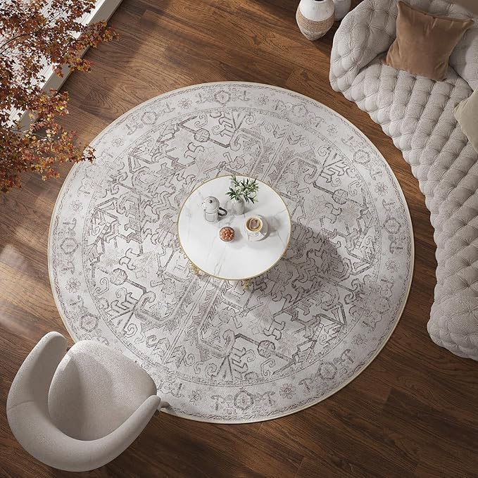 jinchan Lima Round Rug 8ft Vintage Machine Washable Area Rug Indoor Circle 8' Ultra-Thin Non-Slip Floral Print Carpet for Farmhouse Entryway Dining Room Living Room Bedroom Office (8'Round, Taupe)
