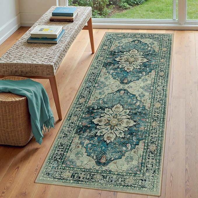 Area Rugs 3'x8' Washable Non-Slip, Floral Vintage Distress Print Pattern Medallion Carpet for Living Room Bedroom Dining Room, Dark Blue Vintage