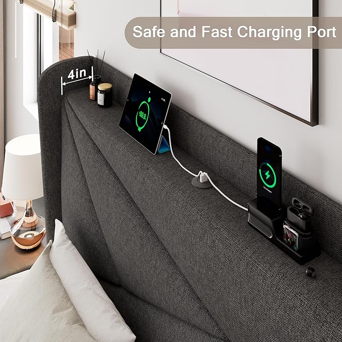 Full Size Upholstered Bed Frame with Charging Station, Platform Bed Frame with Storage Headboard, Solid Wood Slats Support, No Box Spring Needed, Dark Gray