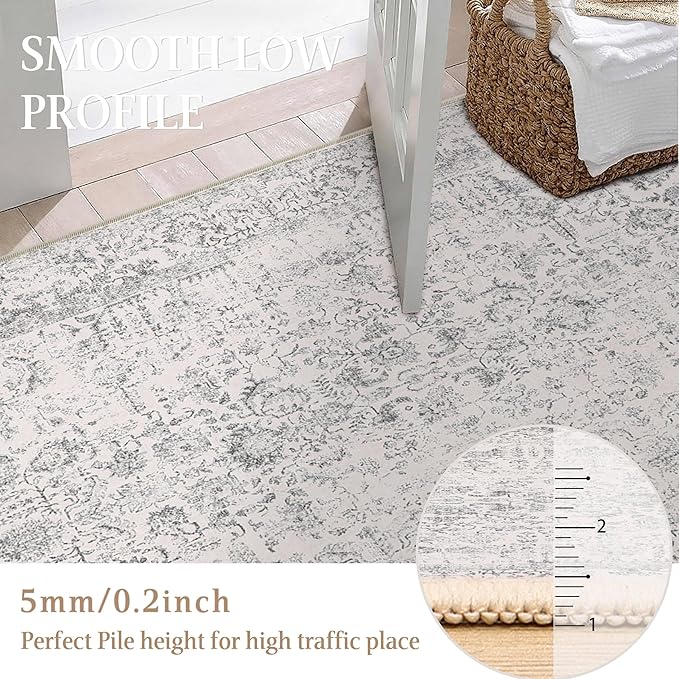 Grey Round Area Rug 6ft Entryway Door Mat Small Circle 6x6 Kitchen Vintage Carpet Non Slip Indoor Bedroom Washable Distressed Floral Retro Accent Throw Rug Office Bathroom