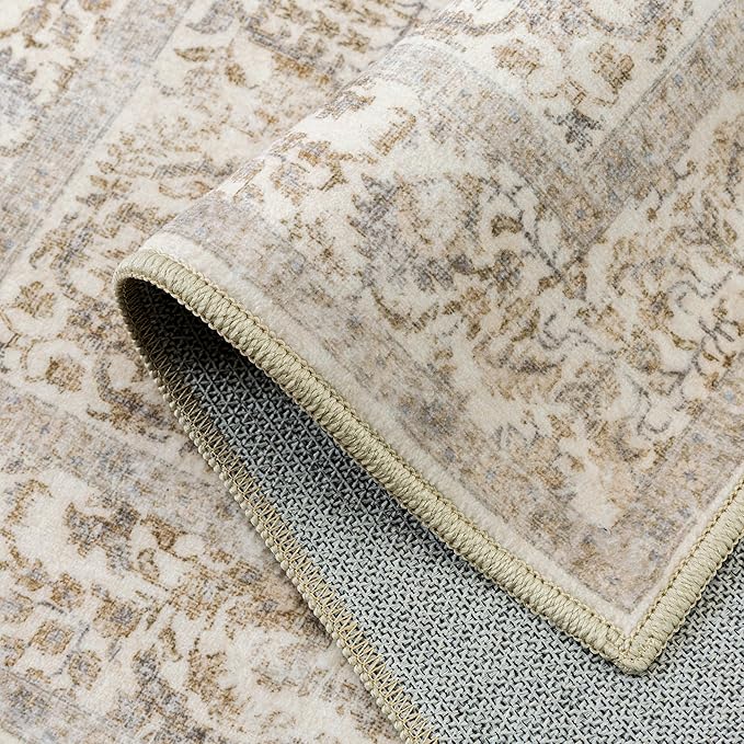 Light Brown Area Rug 8x10 Machine Washable Large Vintage Living Room Distressed Non Slip Carpet Traditional Indoor Bedroom Retro Floral Accent Throw Rug for Office Kitchen Dining Room