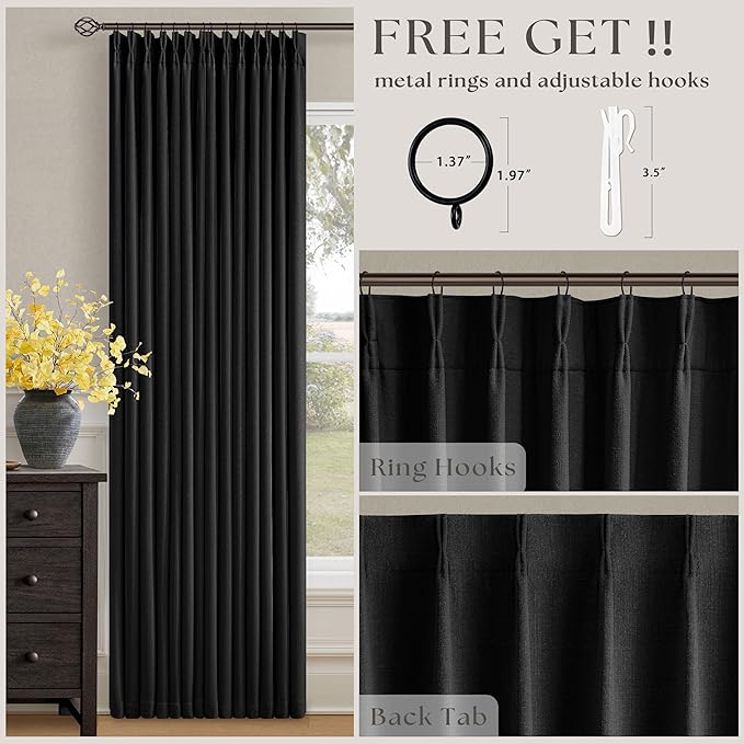 100 Inch Floor Length Linen Blackout Curtains for Bedroom Pinch Pleated Full Black Out Thermal Insulated Window Drapes Light Blocking Double Layer Soundproof 100 Inch Black Curtain 2 Panels Set
