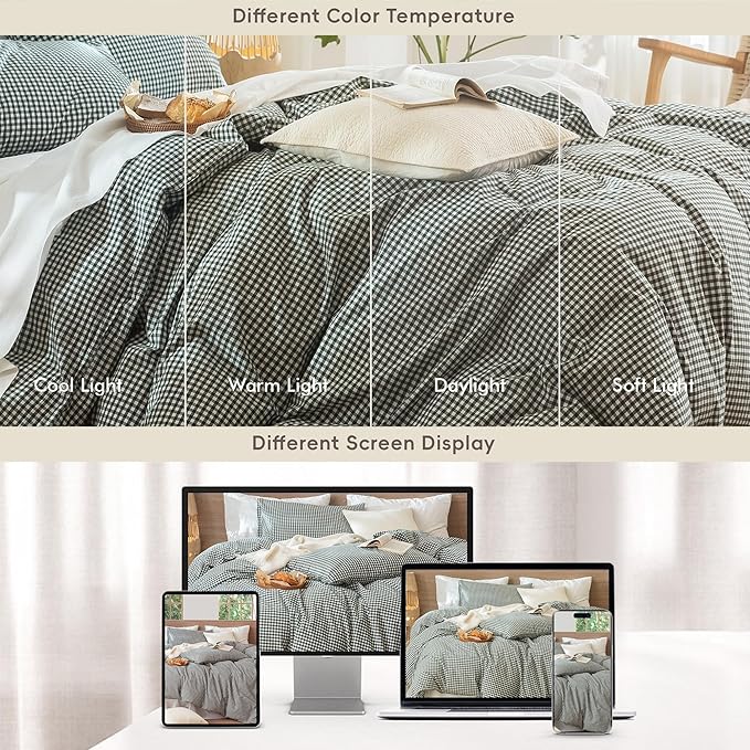 MooMee Gingham Duvet Cover Set 100% Washed Cotton Linen Like Textured Breathable Durable Soft Comfy Modern Checkered Design (Mini Gingham Forest Green, Queen 90"x90")