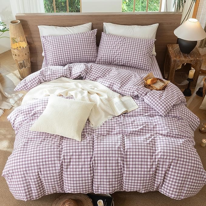 MooMee Gingham Duvet Cover Set 100% Washed Cotton Linen Like Textured Breathable Durable Soft Comfy Modern Checkered Design (Classic Gingham Light Purple, Queen 90"x90")