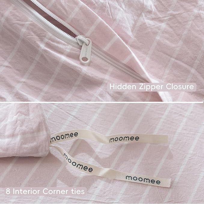 MooMee Striped Duvet Cover Set 100% Washed Cotton Linen Like Textured Breathable Durable Soft Comfy (Heathered Greyish Pink White Wide Stripes, King 104"x90")