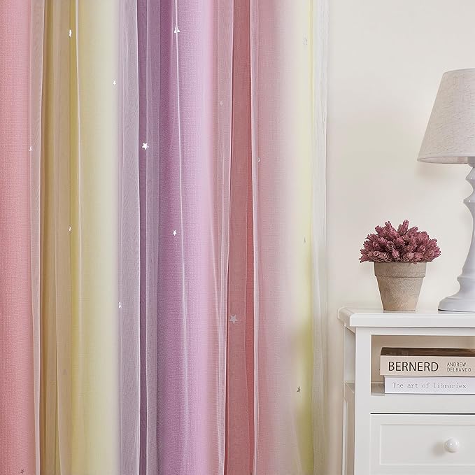 XiDi Curtains for Bedroom Decor, Rainbow Pink PurpleYellow52/45/1