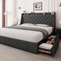 Feonase Upholstered Full Size Bed Frame with 4 Storage Drawers, Charging Station, Tufted Wingback Storage Headboard, No Box Spring Needed, Easy Assembly, Dark Grey