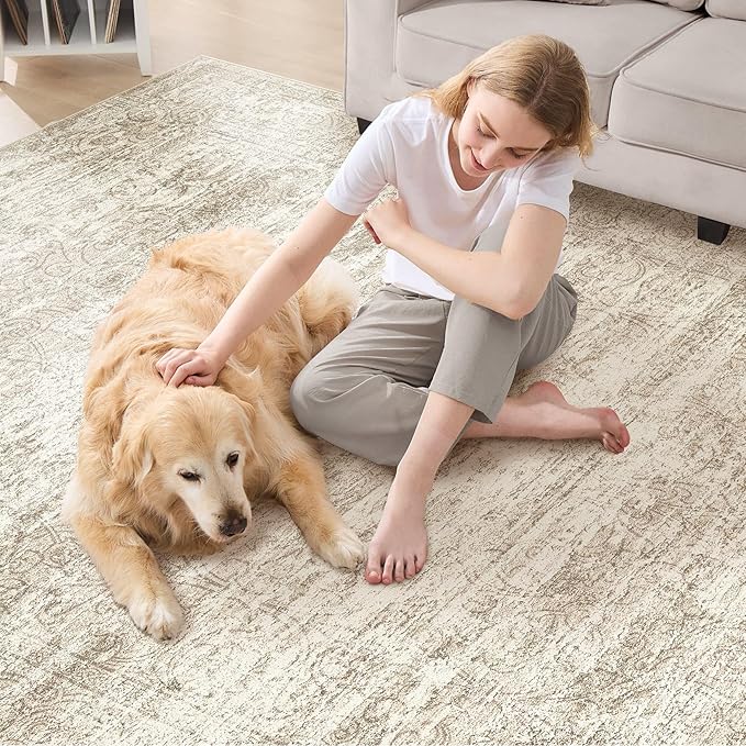 Area Rug Living Room Rugs - 9x12 Abstract Large Soft Indoor Washable Rug Neutral Modern Low Pile Carpet for Bedroom Dining Room Farmhouse Home Office - Vintage Beige