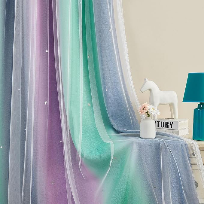 XiDi Curtains for Bedroom Decor, Rainbow Purplgreen grey52/90