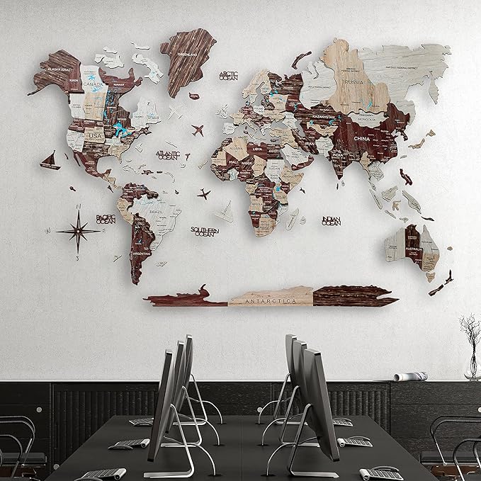 Handmade 3D Wood World Map Wall Art Large Wall Decor Track Your World Travels - Special for Home, Kitchen and Office (Large, Cappuccino)