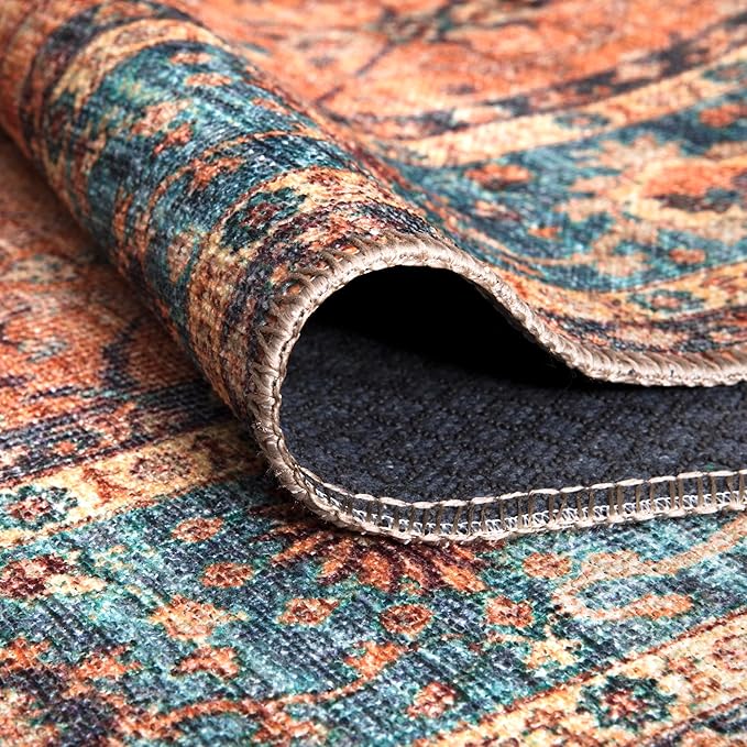 Bloom Rugs Washable Non-Slip 3' x 5' Rug - Orange/Teal Blue Traditional Bordered Area Rug for Living Room, Bedroom, Dining Room, and Kitchen - Exact Size: 3' x 5'