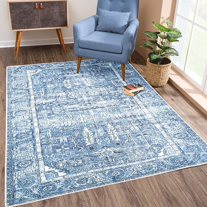Bloom Rugs Washable Non-Slip 4' x 6' Rug - Blue Traditional Area Rug for Living Room, Bedroom, Dining Room, and Kitchen - Exact Size: 4' x 6'