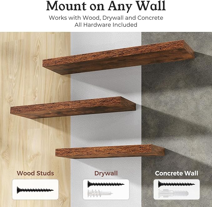 Floating Shelves for Wall, 9.3" Deep Wall Mounted Wood Shelves for Bathroom, Bedroom, Living Room, Kitchen, Hanging Shelf for Books/Storage/Room Decor (Brown, 48")