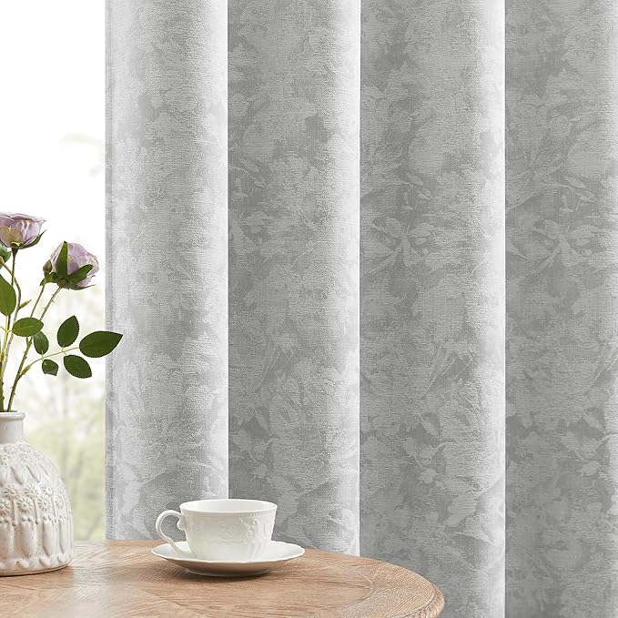 Beauoop Grey Floral Jacquard Blackout Curtains 90 Inches Long 2 Panels for Bedroom Living Room Gray Flower Chenille Room Darkening Thermal Insulated Soundproof Grommet Window Treatments Drapes, 52x90