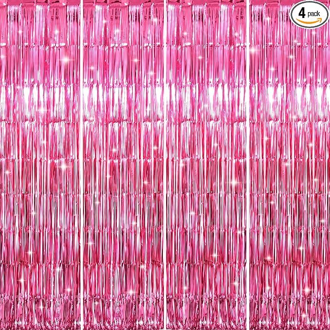 GOER 3.2 ft x 8.2 ft Metallic Tinsel Foil Fringe Curtains Party Photo Backdrop Party Streamers for Galentines Day,Birthday,Graduation,New Year Eve Decorations Wedding Decor (4 Packs,Hot Pink)