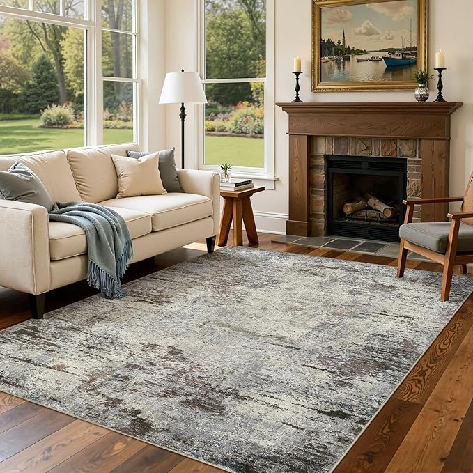 Area Rug Living Room Rugs - 6x9 Washable Large Soft Indoor Neutral Modern Abstract Low Pile Rug Carpet for Bedroom Dining Room Farmhouse Home Office - Brown Rust