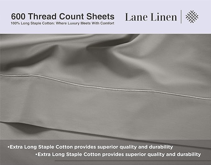 LANE LINEN 100% Mercerized Cotton 600 Thread Count Cal King Sheet Sets, Ultra Soft & Comfy Sateen Weave for Silky Touch Finish, Hotel Like Thick Bedding Sheets & Pillowcase Set, Machine Wash -Silver