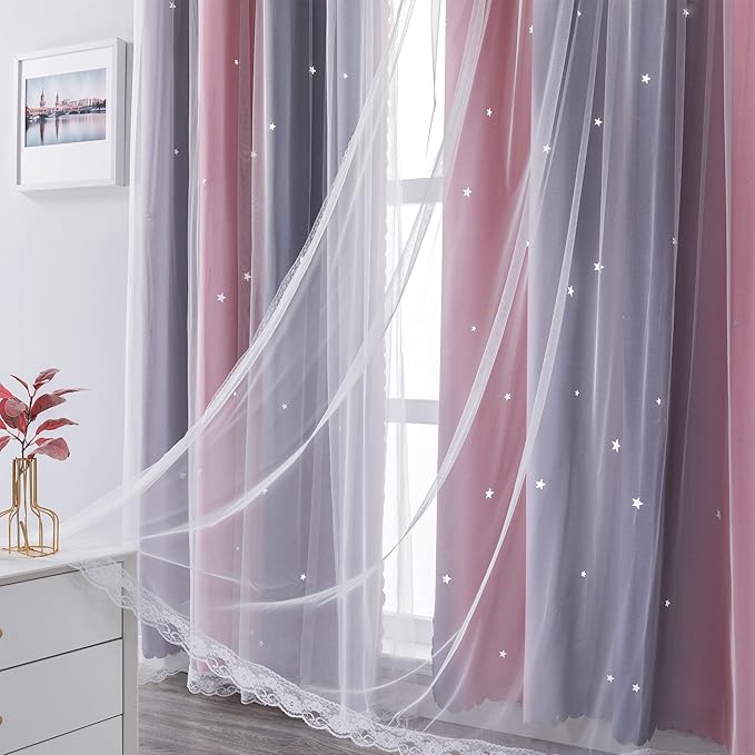 XiDi Curtains for Bedroom Decor, Rainbow Pink-Grey-52-90
