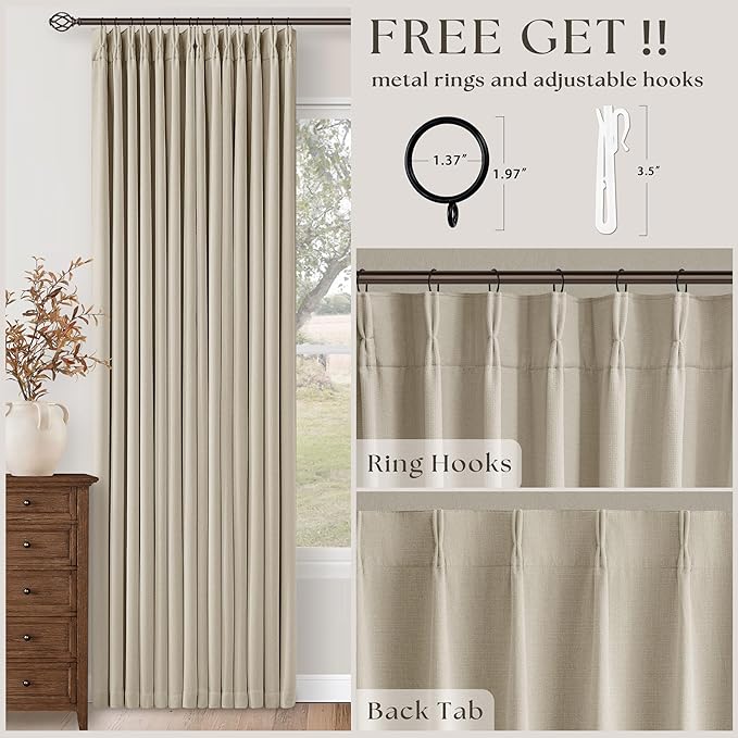 102 Inch Blackout Linen Pleated Curtains for Bedroom Living Room Darkening Pinch Pleat 100% Black Out Thermal Insulated Window Drapes Double Layer Oatmeal Beige 102 Inches Long Curtains 2 Panels Set