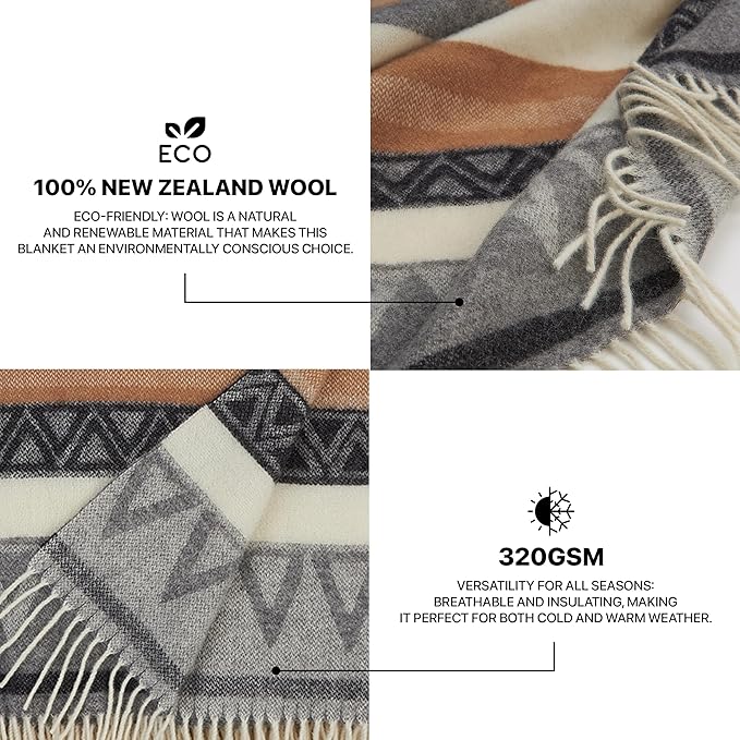 | Wool Blanket/Throw | 100% New Zealand Wool | Perfect for Home and Outdoors | Virgin Wool Throw with Fringes 75"x87" (190 x 220 cm)