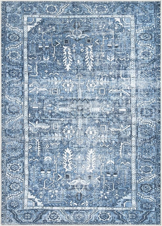 Bloom Rugs Washable Non-Slip 4' x 6' Rug - Blue Traditional Area Rug for Living Room, Bedroom, Dining Room, and Kitchen - Exact Size: 4' x 6'