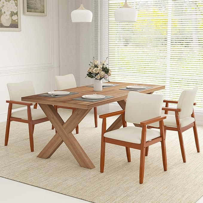 thksbought Set of 2 Mid Century Modern Walnut Dining Chairs Wood Arm Beige Fabric Kitchen Cafe Living Room Decor Furniture