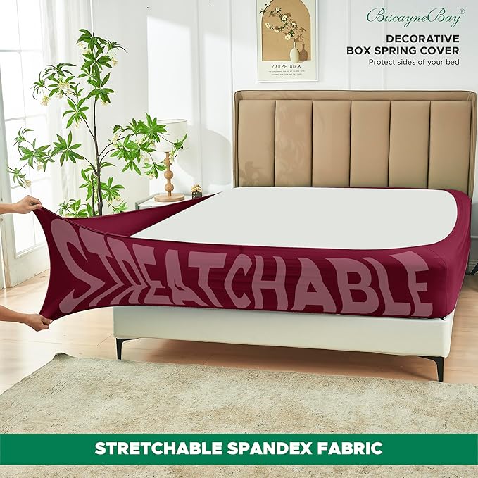 Biscaynebay Decorative Box Spring Cover Full & Full XL Size, Burgundy Luxurious Jersey Knitting Stretchy Wrap Around 4 Sides Bed Skirt for Home/Hotels, Easy Fit Wrinkle & Fade Free Machine Washable