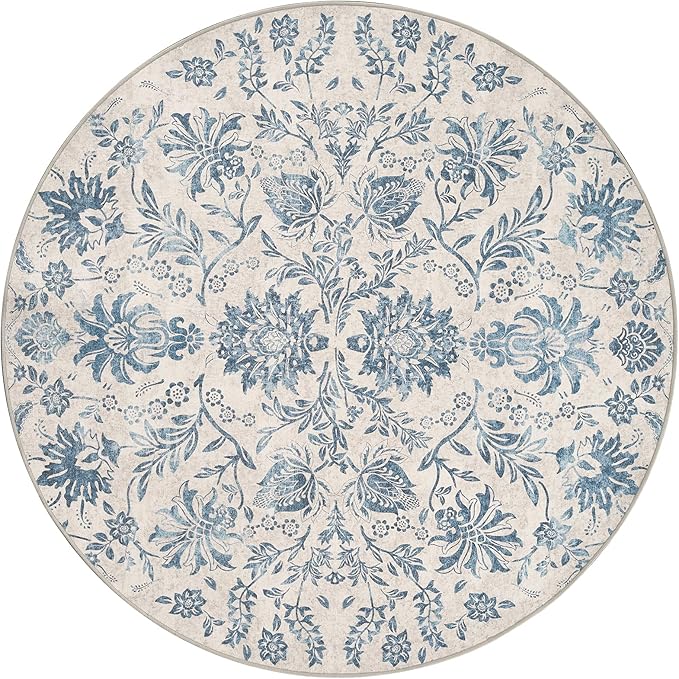 jinchan Torino Classic Floral Round Rug 4ft, Vintage-Inspired Design 4’Circle Rug, Machine Washable Ultra-Thin Low-Pile Non-Slip Indoor Carpet for Bedroom Dining Room Living Room Entryway Dark Blue