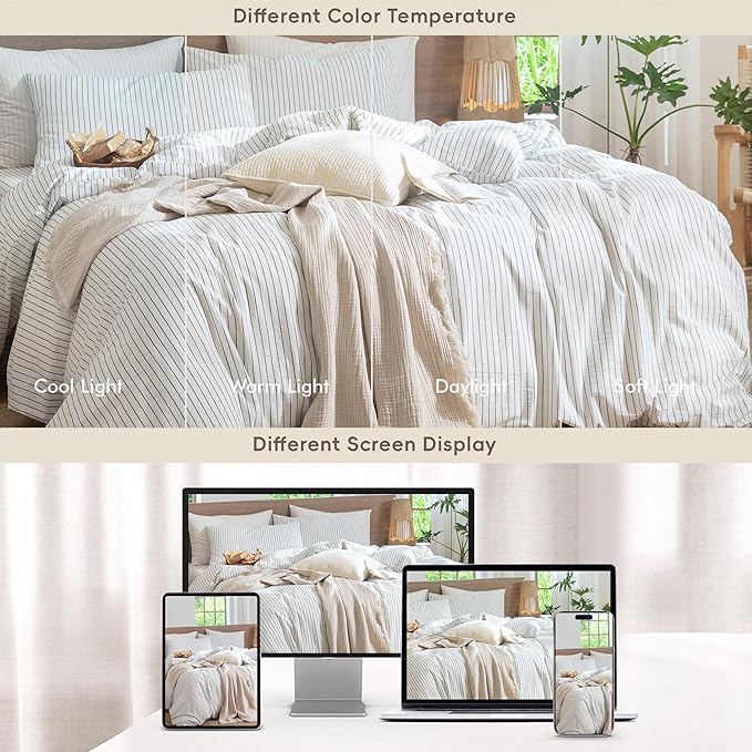 MooMee Striped Duvet Cover Set 100% Washed Cotton Linen Like Textured Breathable Durable Soft Comfy (White Heathered Green Wide Stripes, Super Queen 90"x98")