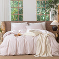 MooMee Striped Duvet Cover Set 100% Washed Cotton Linen Like Textured Breathable Durable Soft Comfy (Heathered Greyish Pink White Wide Stripes, Full 80"x90")