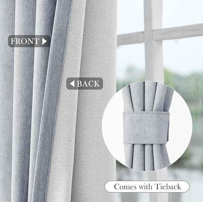 Macochico 100% Blackout Chenille Curtains 96 Inches Long for Hotel Nursery Noise Reducing Thermal Curtains for Bedroom Living Room Grommet Gray Blue Curtains with Tieback 52" Wx96 L Classic 1 Panel