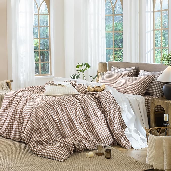 MooMee Gingham Duvet Cover Set 100% Washed Cotton Linen Like Textured Breathable Durable Soft Comfy Modern Checkered Design (Dark Orange Gingham, Cal King 104"x98")