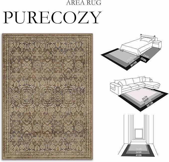 8x10 Vintage Area Rug Brown Washable Living Room Large Non Slip Carpet Bedroom Indoor Office Low Pile Traditional Distressed Retro Floral Accent Rug for Dining Room