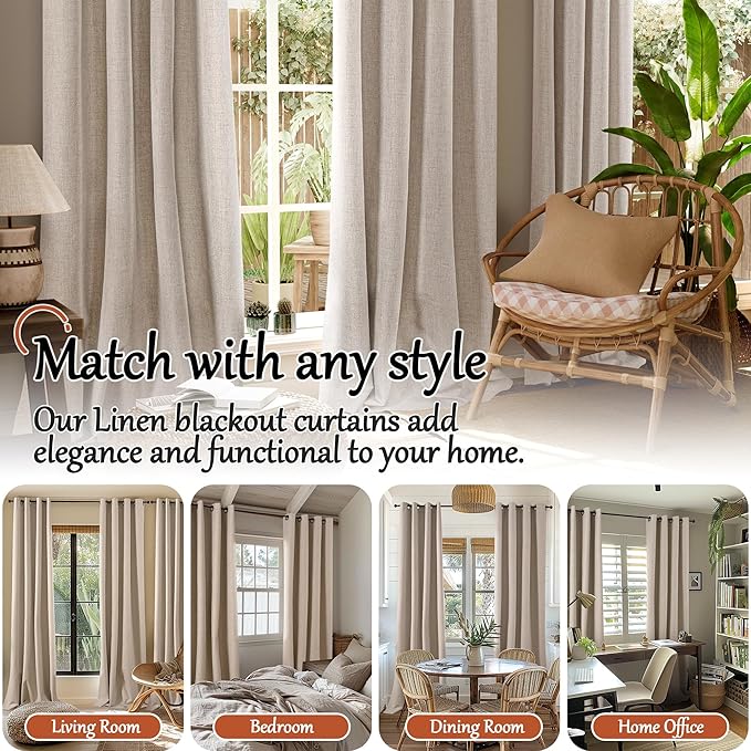 40 Inch Length Linen Blackout Curtains for Short Cafe Window, Thermal Insulated Light Blocking Soundproof Privacy Burlap Curtains 2 Panels, Each 38 Inch Wide Beige